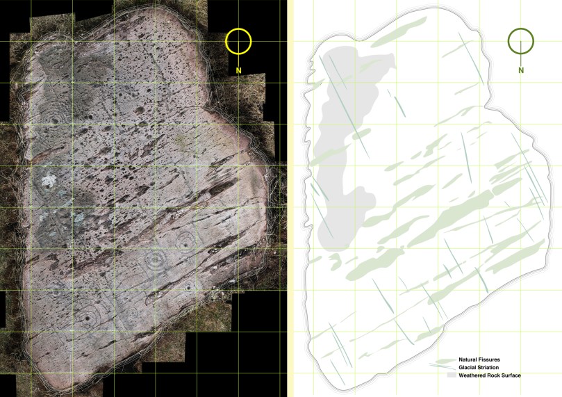 The composite photograph (left) and tracing of natural features on the rock (right)
