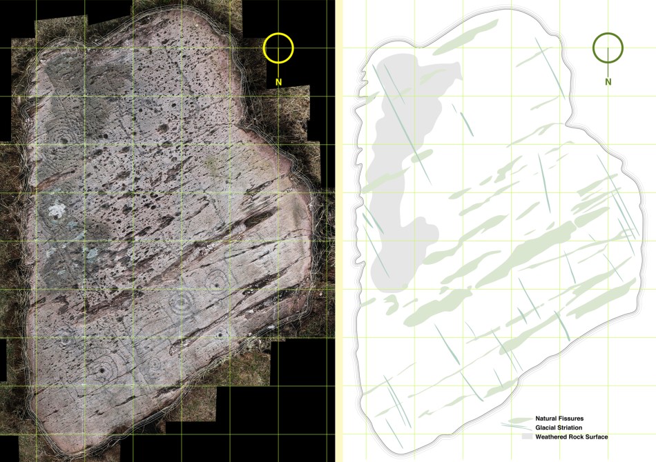 The composite photograph (left) and tracing of natural features on the rock (right)