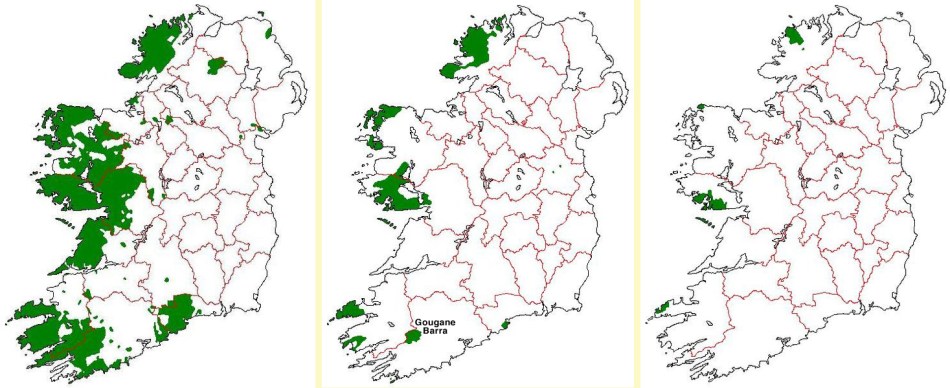 The Gaeltacht areas: Irish native speakers in 1926, 1956 and 2007
