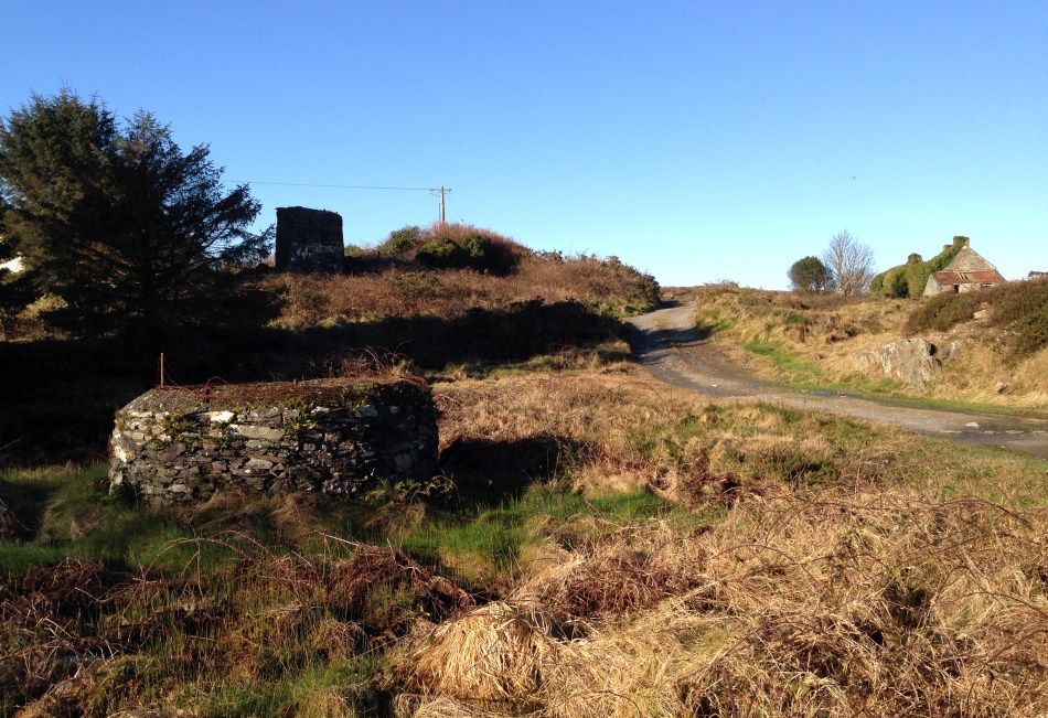 Stub of 9th century Irish round tower? - No: 19th century copper mine workings in Cappaghglass. In front is the head of a shaft, behind is the remains of the mine chimney that fell in 2002; to the right are the old mine cottages