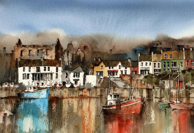 Baltimore - with Dún na Séad before restoration - painted by Val Byrne