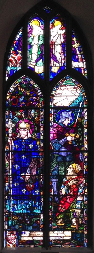 Harry Clarke's window in Castletownshend, showing St Martin and the Beggar in the right hand panel