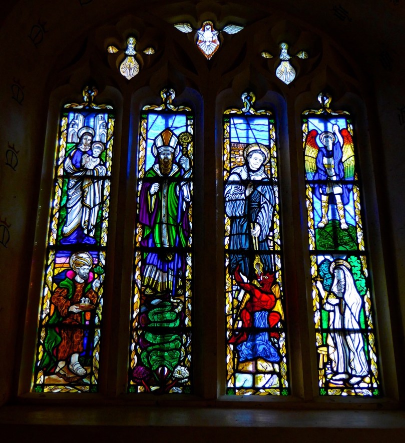 The chapel window - note St Patrick's wonderful snake!