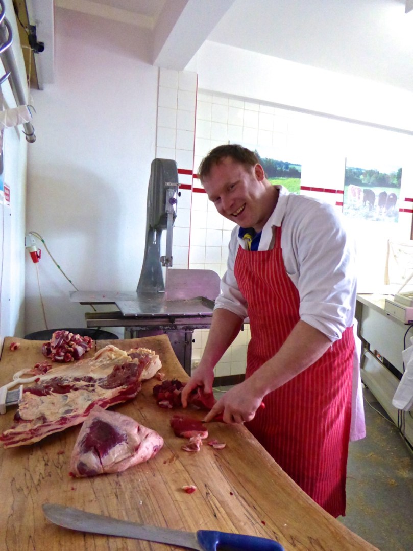 John Barry, our local butcher in Schull, working at his 40 year old butcher's block