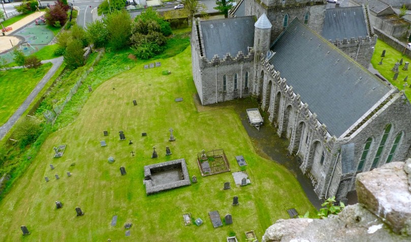Looking down on Kildare Cathedral, with St Brigid's 'Fire Temple' in the grounds