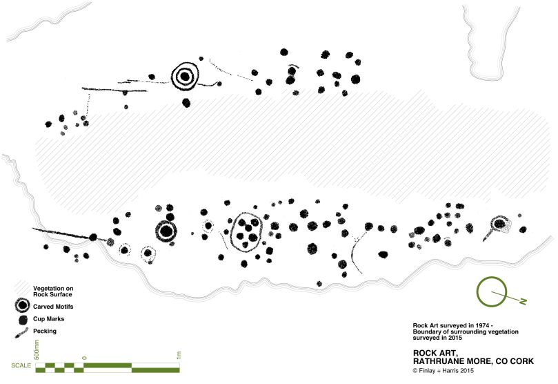 Rathruane - included in the list of rock art because, besdies cupmarks, it also has cup-and-ring marks, a rosette, and curved lines.