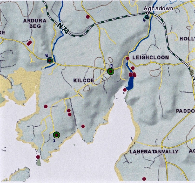 The four churches: 1, Kilcoe Medieval Church 2, Mass Rock 3, Kilcoe 19th Century Church 4, Kilcoe Modern Church of the Most Holy Rosary