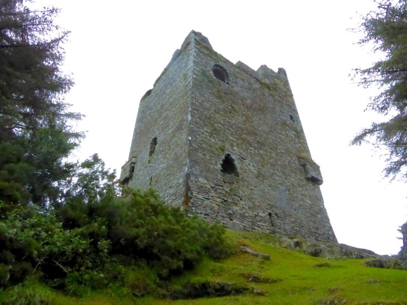 Ballinacarriga Castle. Note the splayed base batter and the unusual second floor bartizans