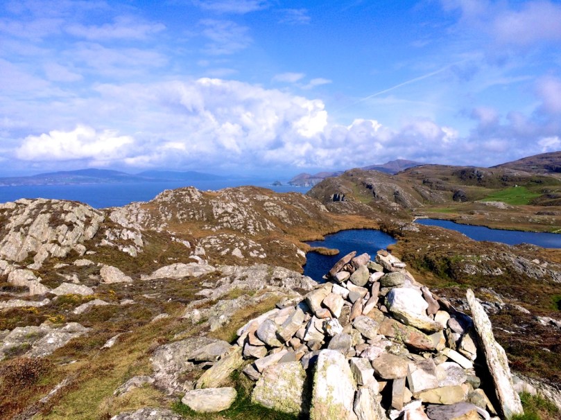 Cairn on Dunlough Head, looking east along the Mizen and Dunmanus Bay 